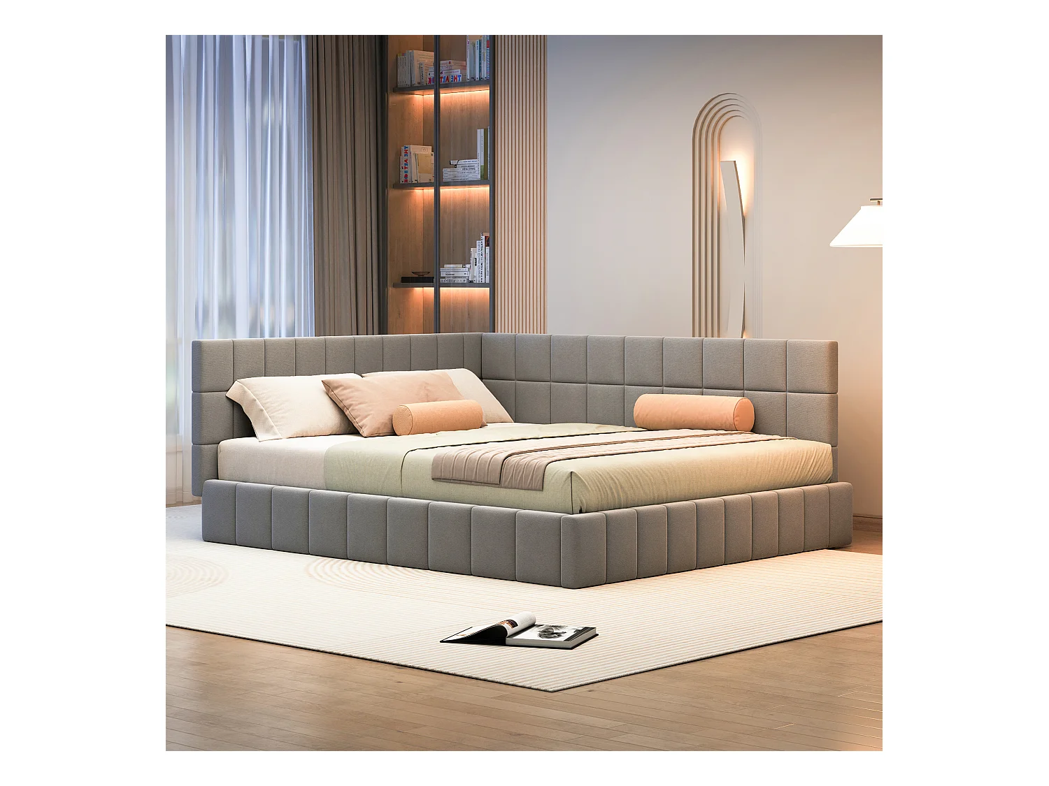 Lit multifonctionnel 160×200 cm en velours gris avec échelle et barrières de sécurité