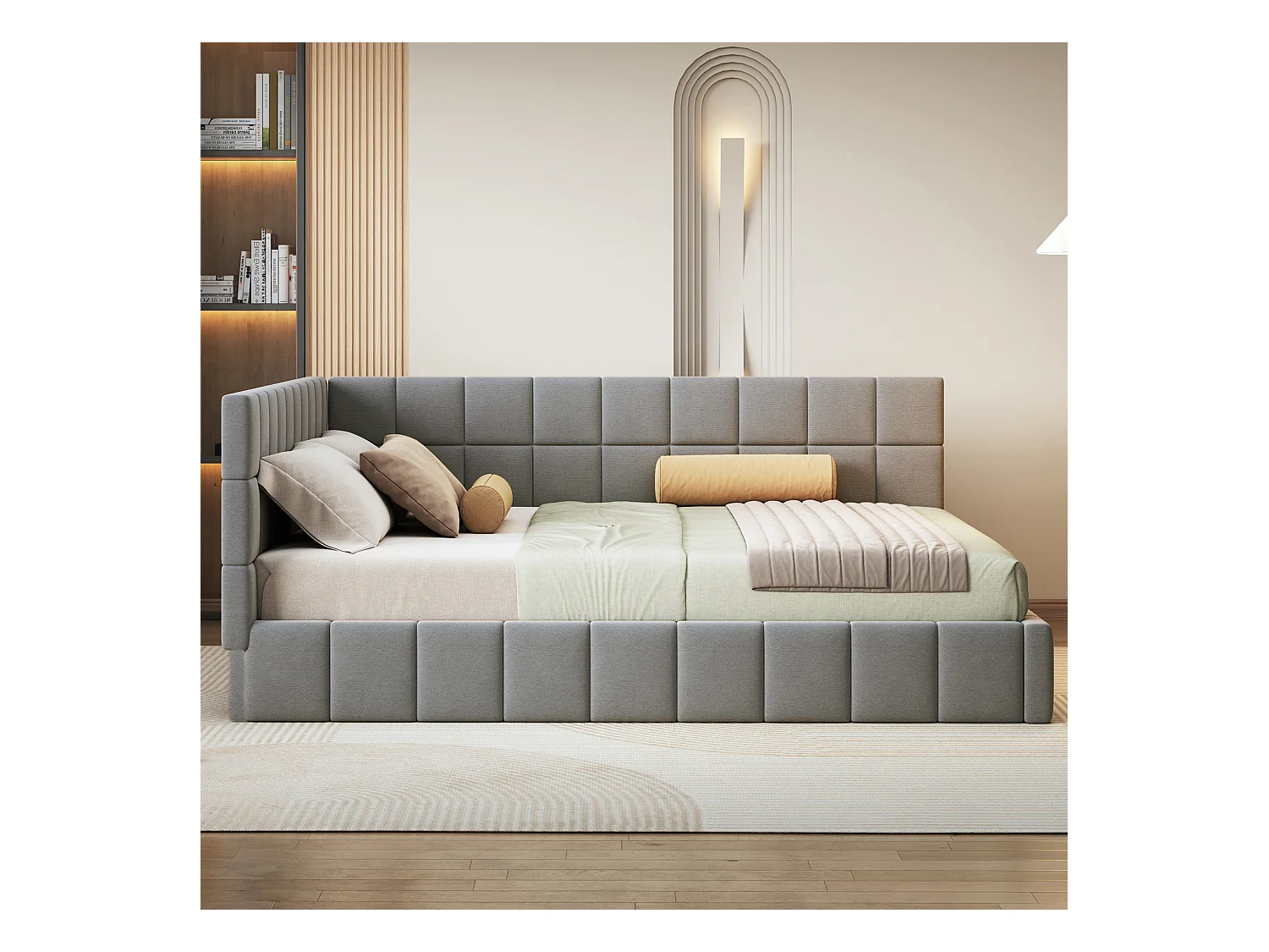 Lit multifonctionnel 160×200 cm en velours gris avec échelle et barrières de sécurité