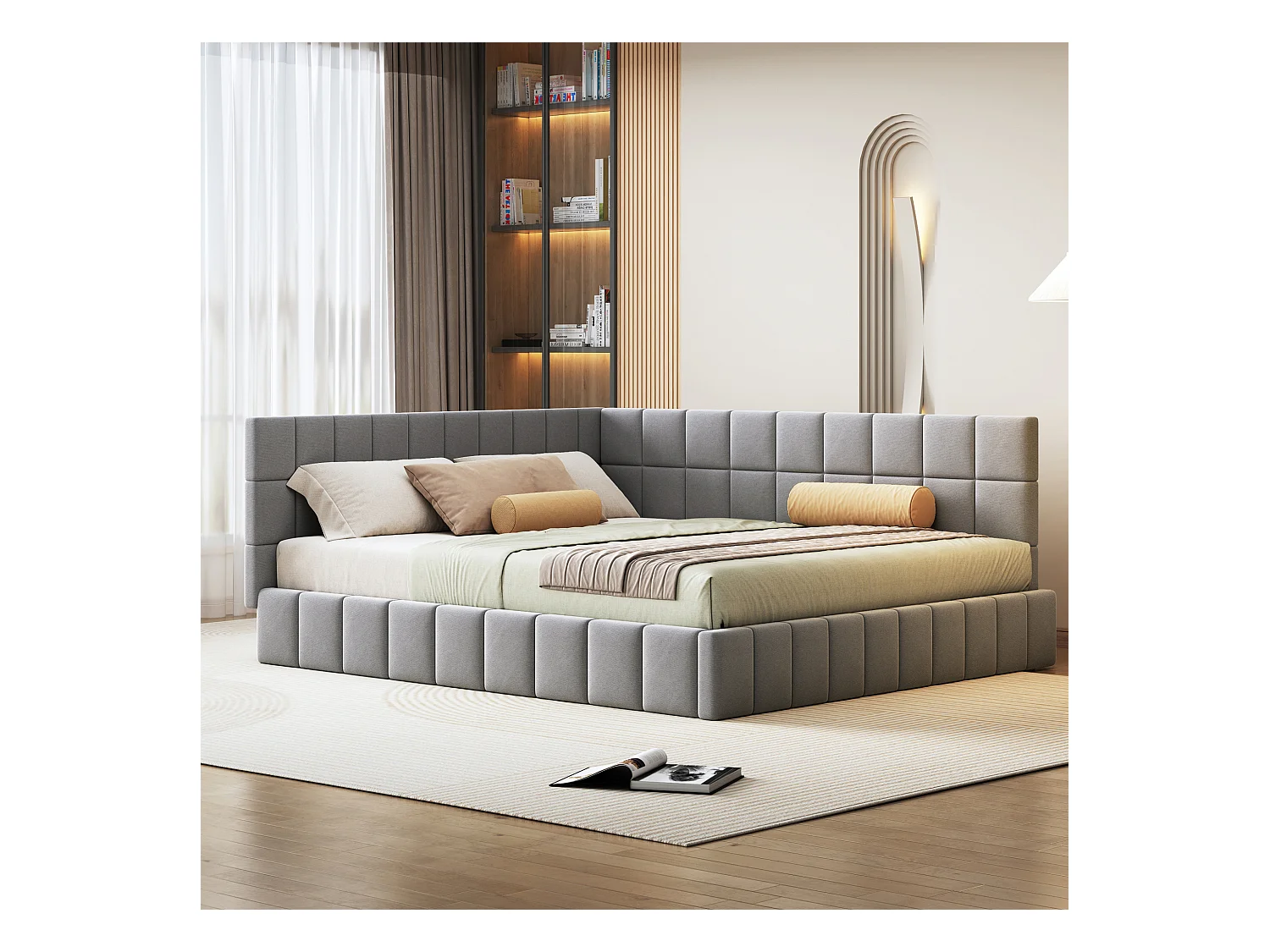 Lit multifonctionnel 160×200 cm en velours gris avec échelle et barrières de sécurité