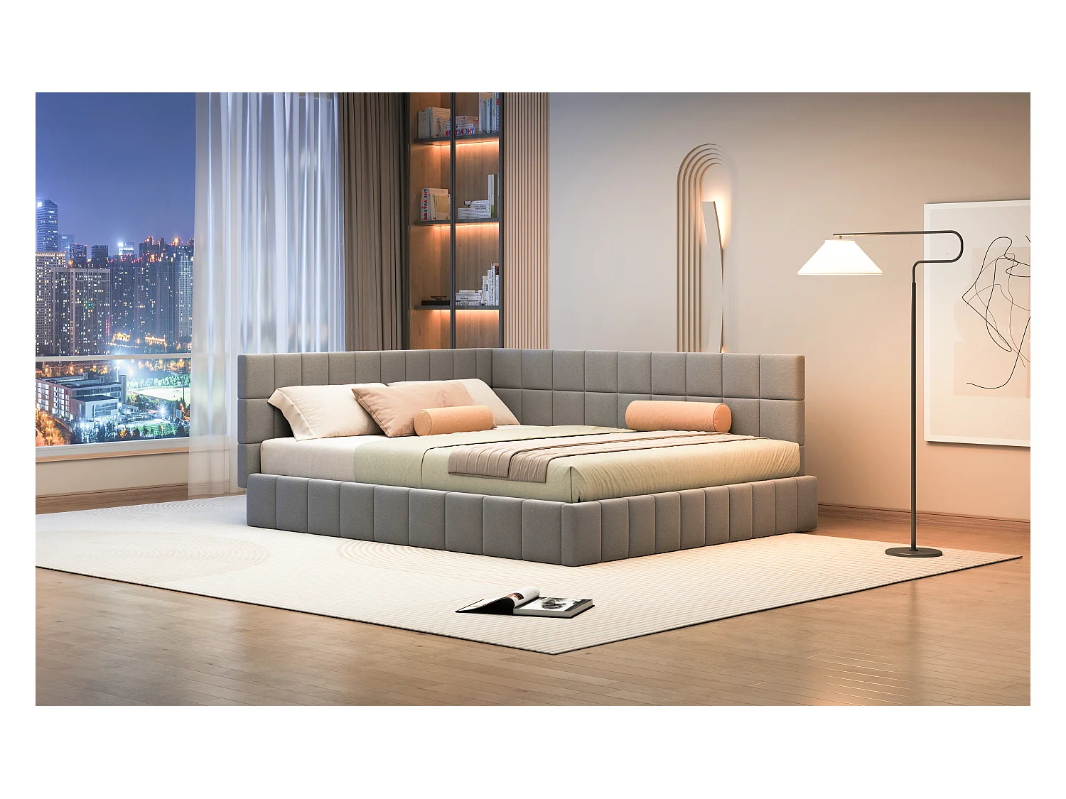 Lit multifonctionnel 160×200 cm en velours gris avec échelle et barrières de sécurité