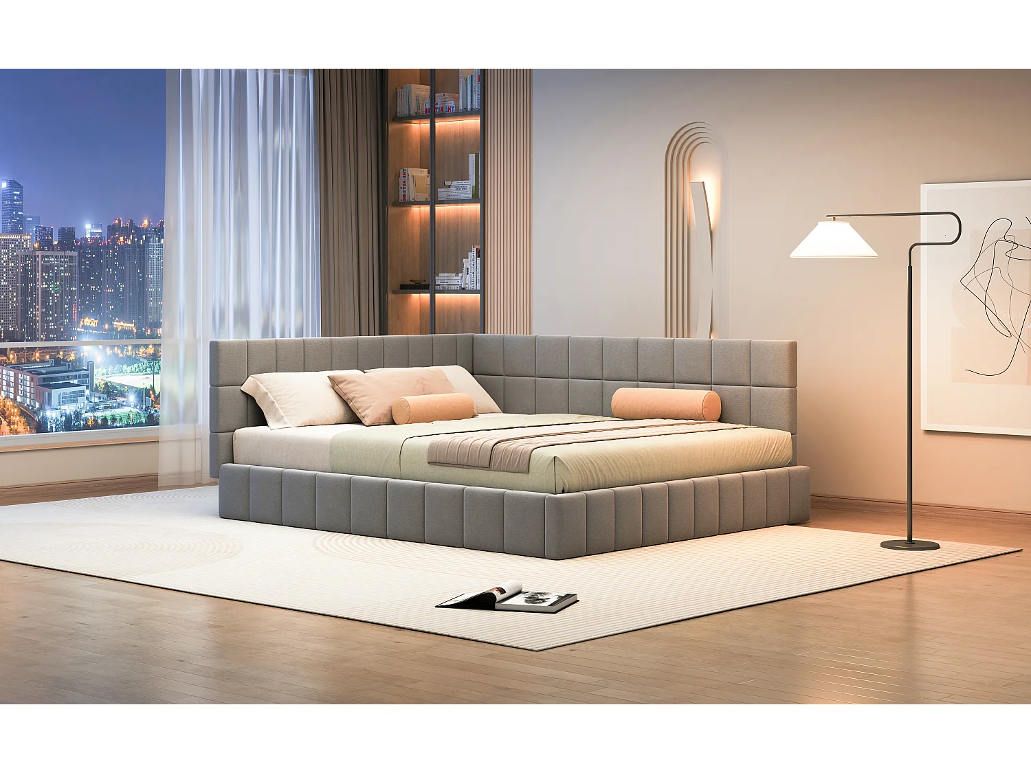 Lit multifonctionnel 160×200 cm en velours gris avec échelle et barrières de sécurité