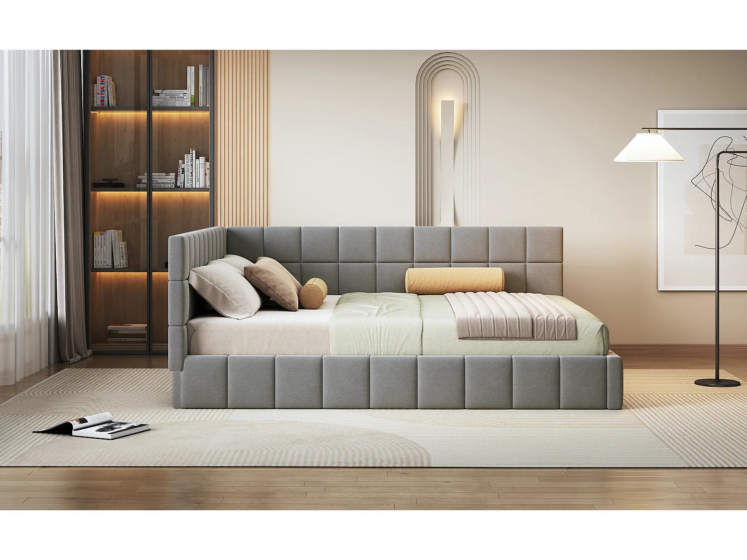 Lit multifonctionnel 160×200 cm en velours gris avec échelle et barrières de sécurité