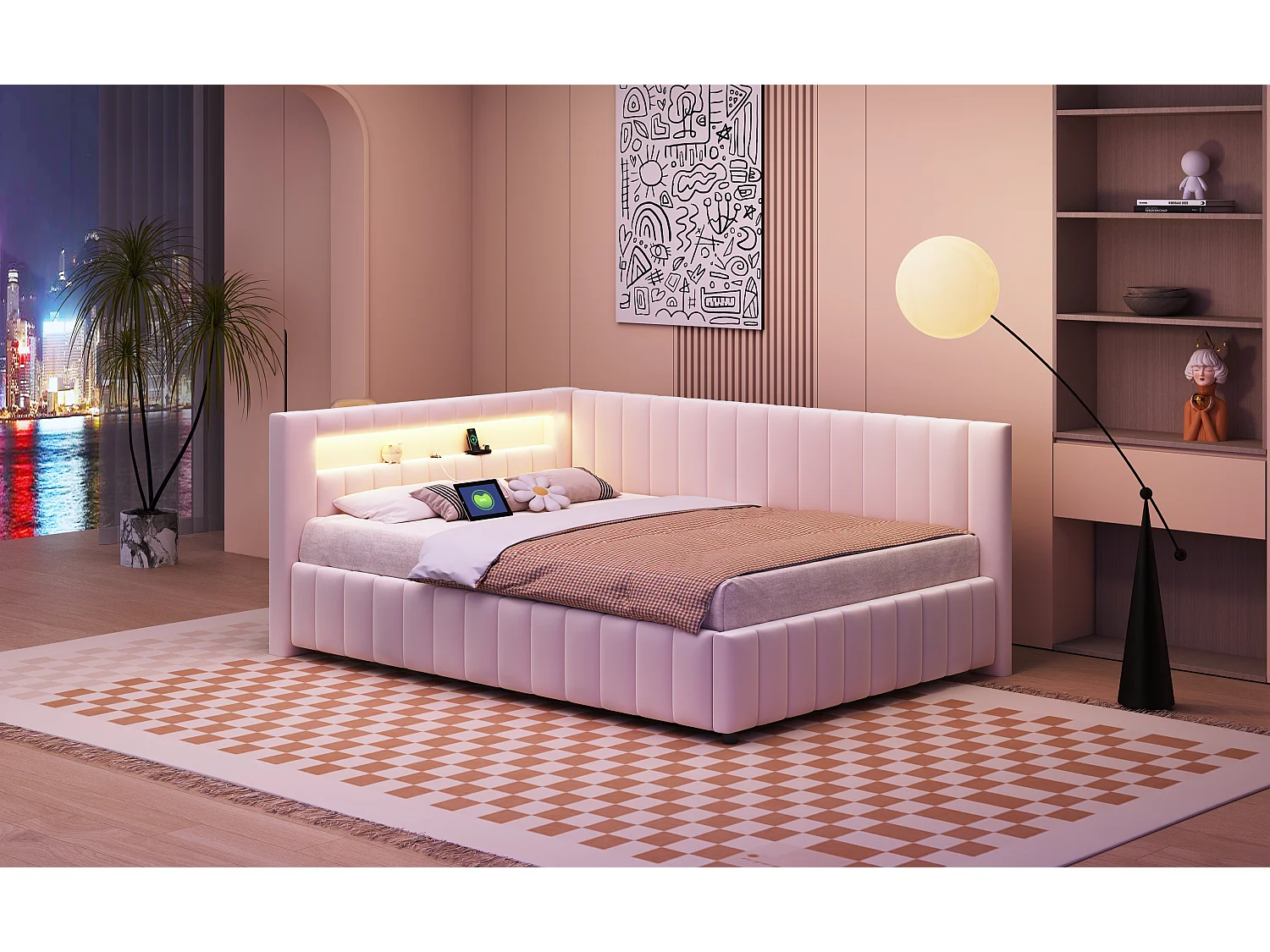 Lit d'appoint L en velours 140x200 cm, avec éclairage LED et port USB, cadre robuste et dossier beige