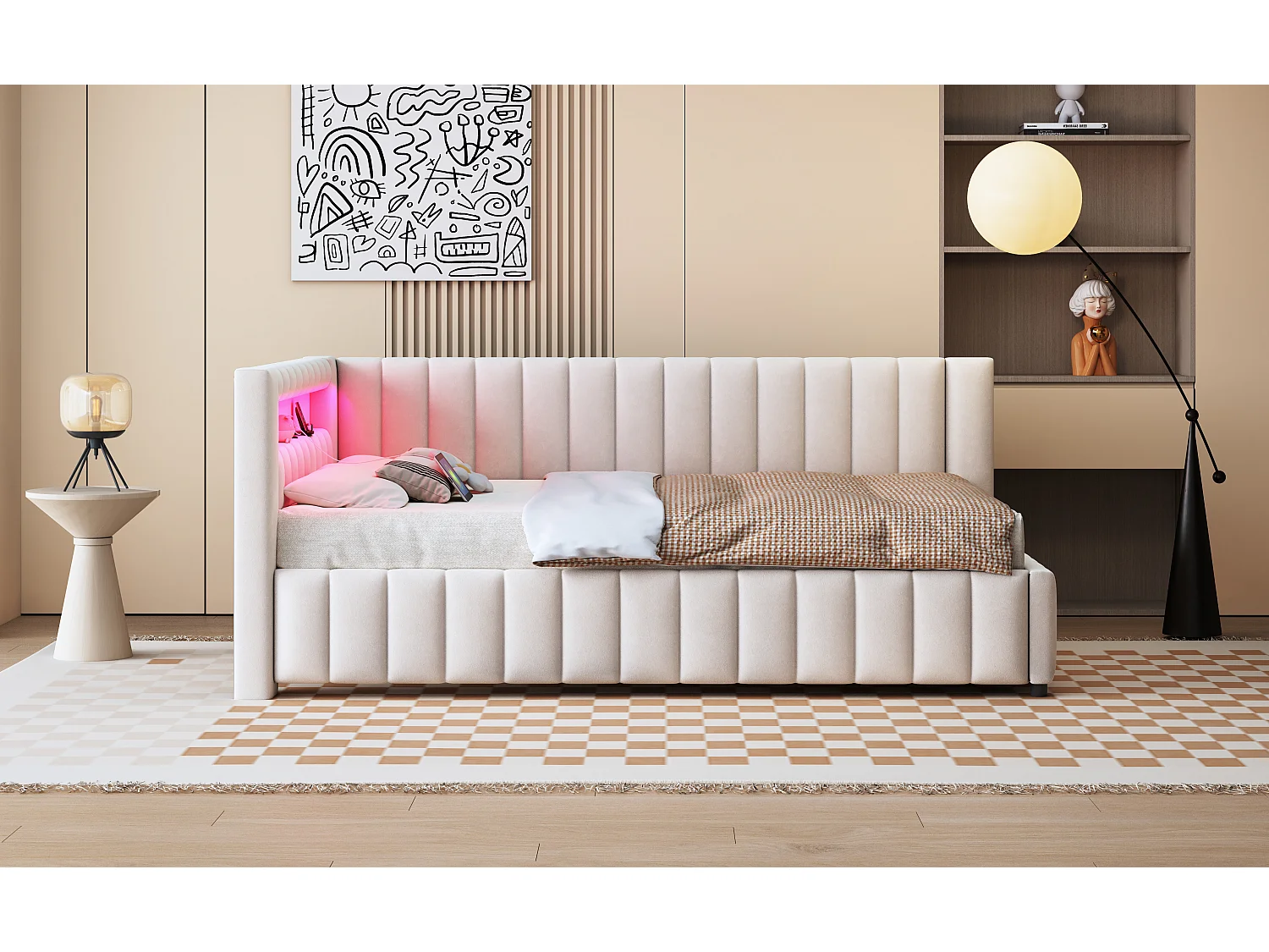 Lit d'appoint L en velours 140x200 cm, avec éclairage LED et port USB, cadre robuste et dossier beige