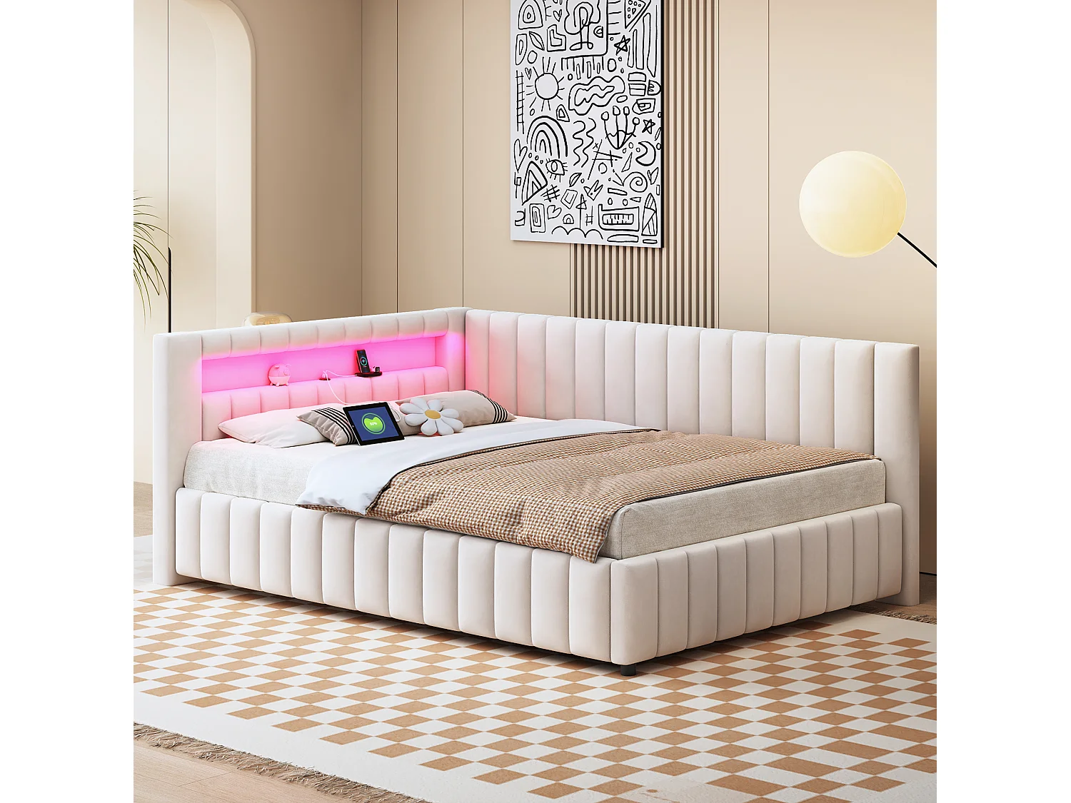 Lit d'appoint L en velours 140x200 cm, avec éclairage LED et port USB, cadre robuste et dossier beige