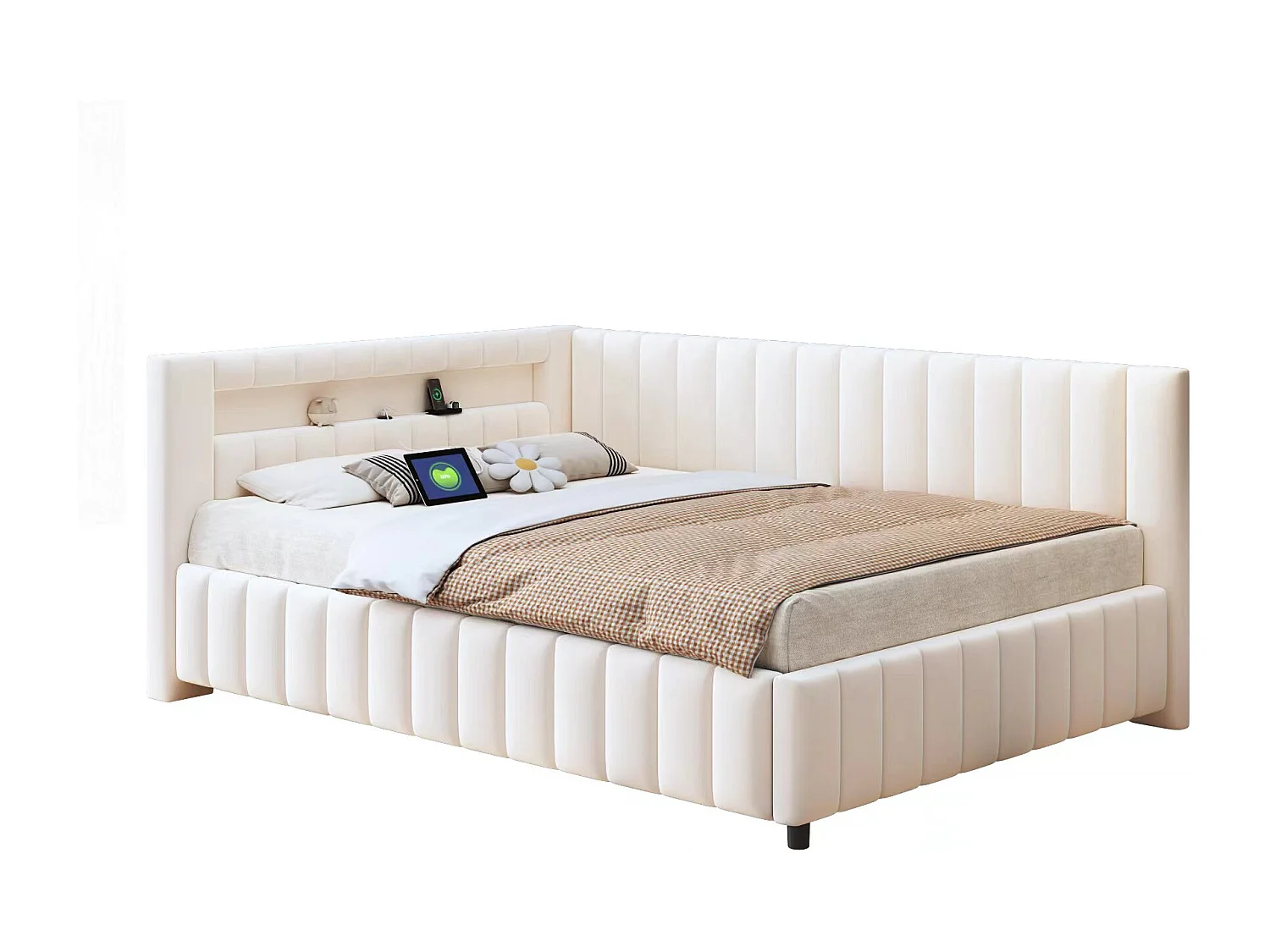 Lit d'appoint L en velours 140x200 cm, avec éclairage LED et port USB, cadre robuste et dossier beige