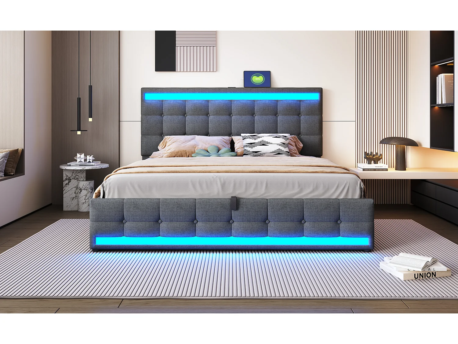 Lit rembourré 180×200 cm avec espace de rangement hydraulique, USB et bande LED RGB, Gris