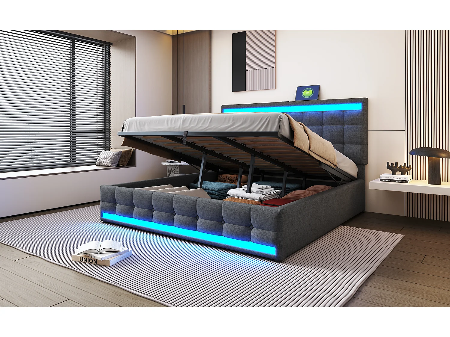 Lit rembourré 180×200 cm avec espace de rangement hydraulique, USB et bande LED RGB, Gris