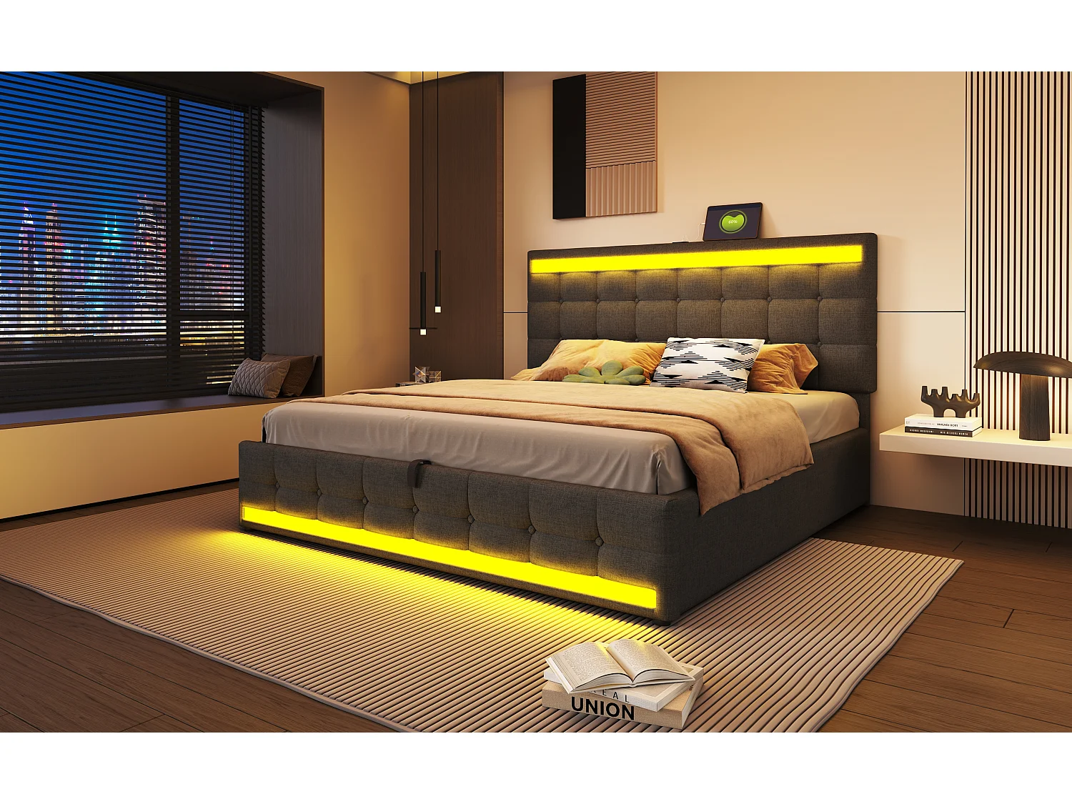 Lit rembourré 180×200 cm avec espace de rangement hydraulique, USB et bande LED RGB, Gris