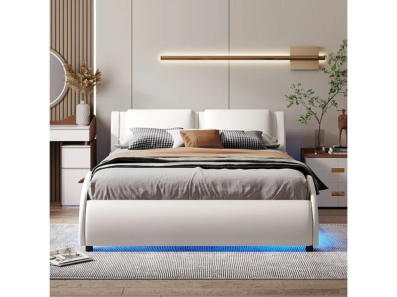 Lit rembourré 140x200 cm en simili cuir avec LED, sommier inclus, design épuré, couleur blanc