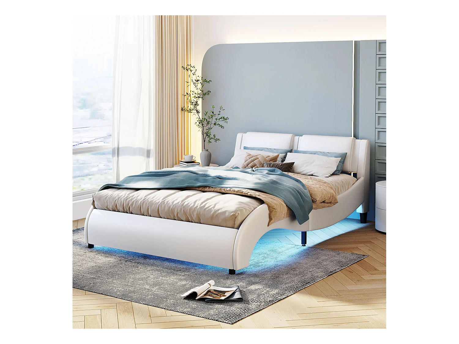 Lit rembourré 140x200 cm en simili cuir avec LED, sommier inclus, design épuré, couleur blanc