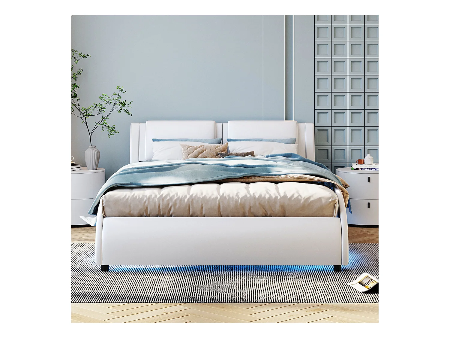 Lit rembourré 140x200 cm en simili cuir avec LED, sommier inclus, design épuré, couleur blanc