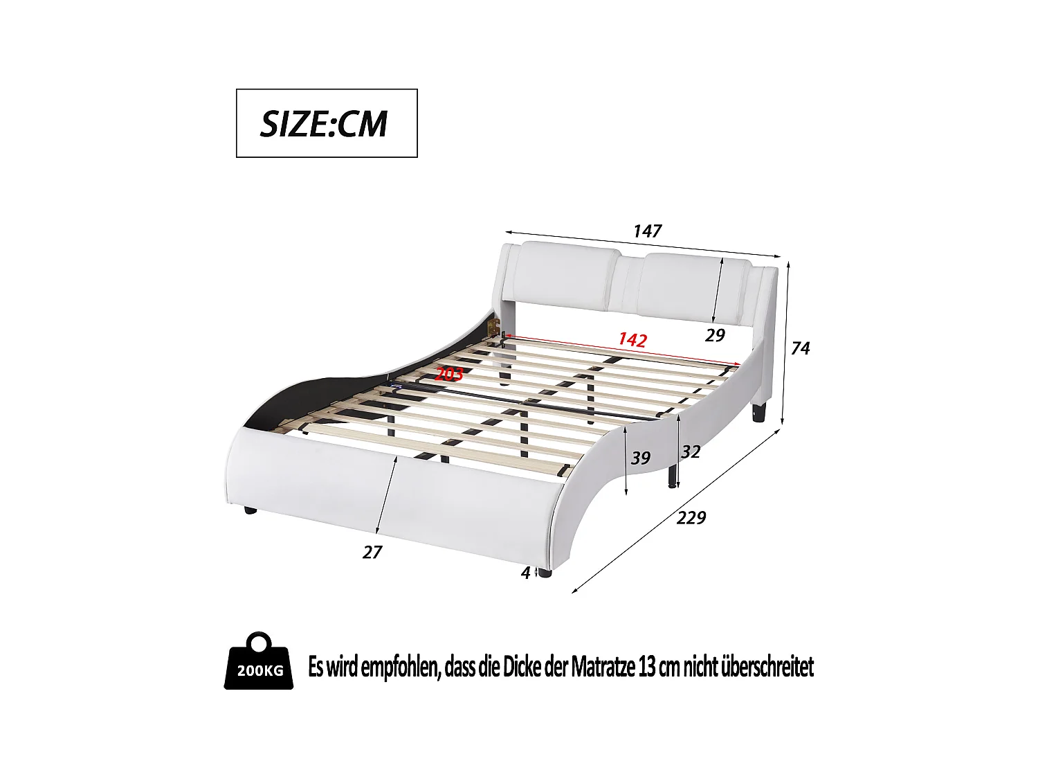 Lit rembourré 140x200 cm en simili cuir avec LED, sommier inclus, design épuré, couleur blanc