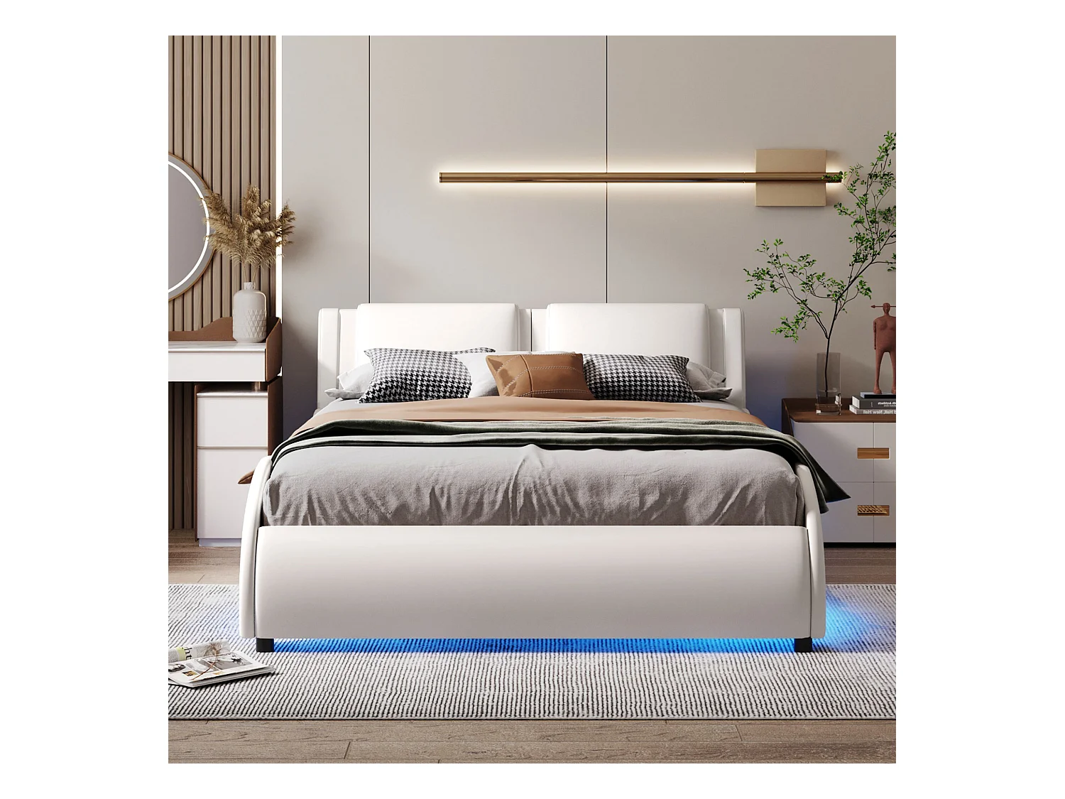 Lit rembourré 140x200 cm en simili cuir avec LED, sommier inclus, design épuré, couleur blanc