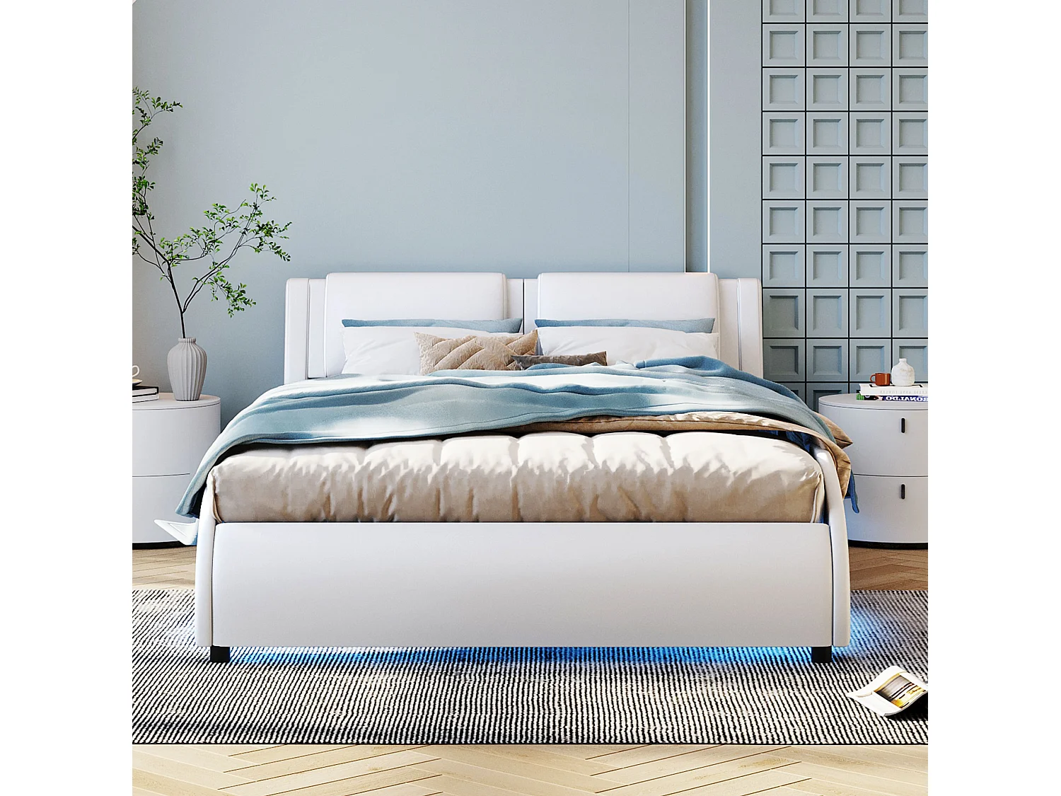 Lit rembourré 140x200 cm en simili cuir avec LED, sommier inclus, design épuré, couleur blanc