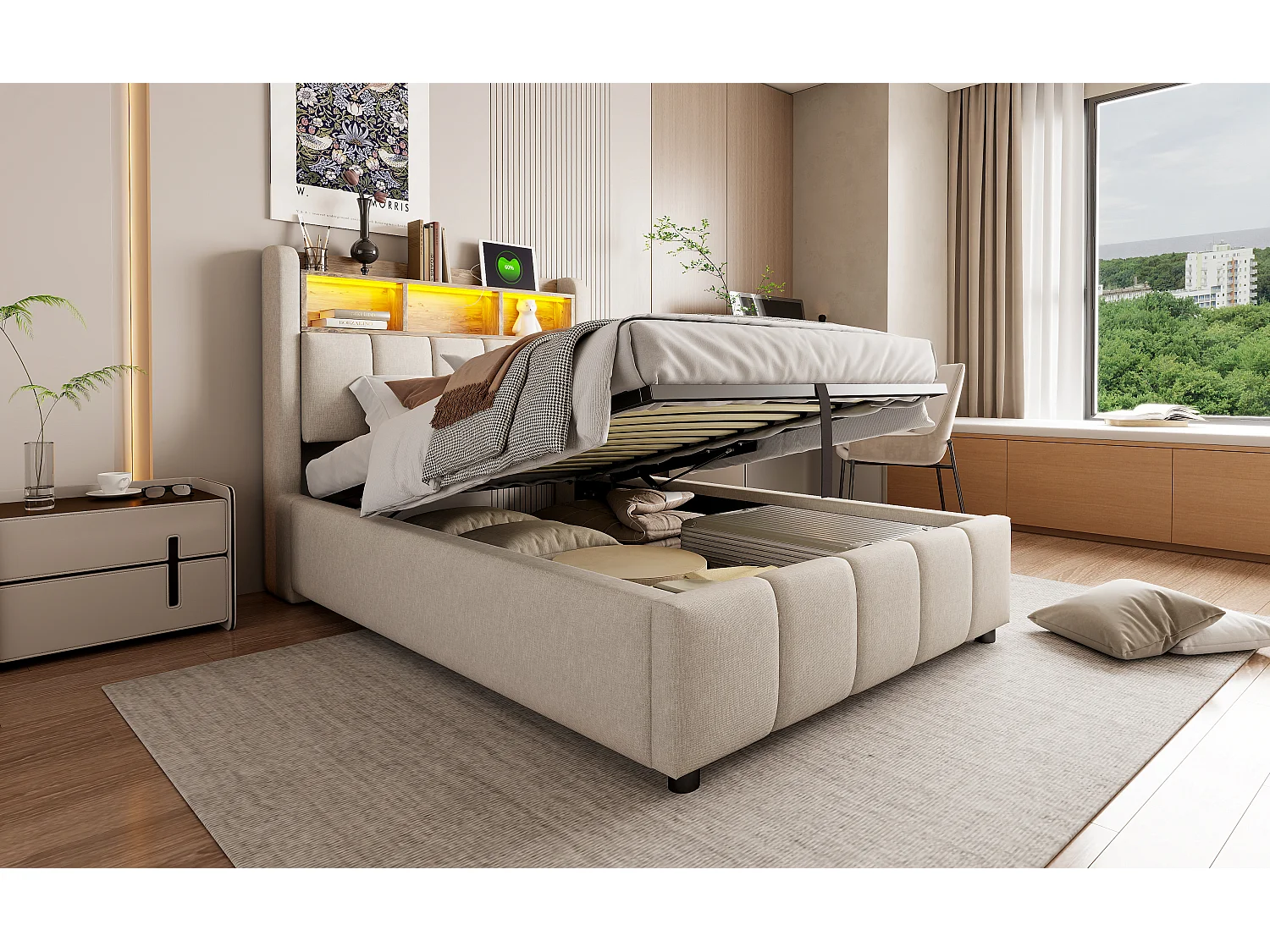 Lit rembourré 90×200 cm avec éclairage LED et port USB, tête de lit avec rangement et espace de stockage, lit enfant