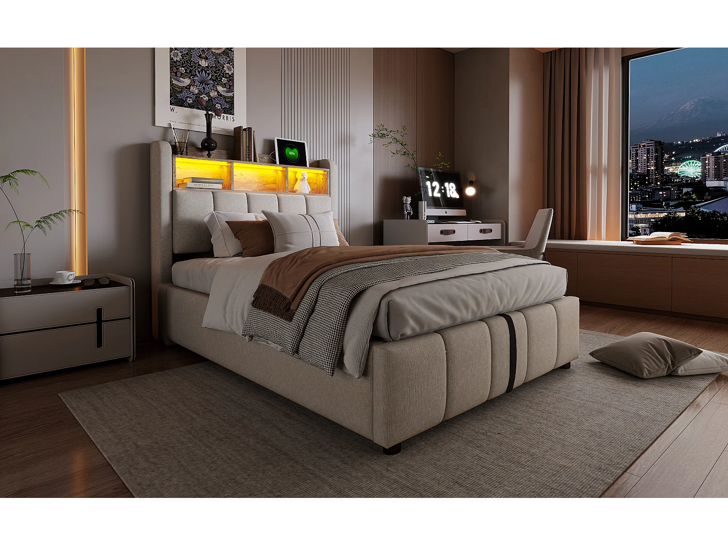 Lit rembourré 90×200 cm avec éclairage LED et port USB, tête de lit avec rangement et espace de stockage, lit enfant