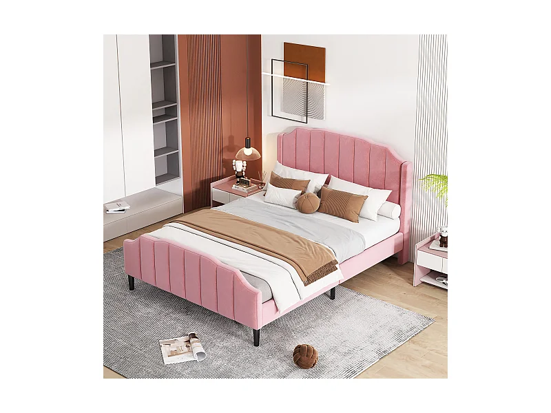 Lit rembourré 140 x 200 cm avec tête de lit, pied de lit et sommier en bois, rose en velours