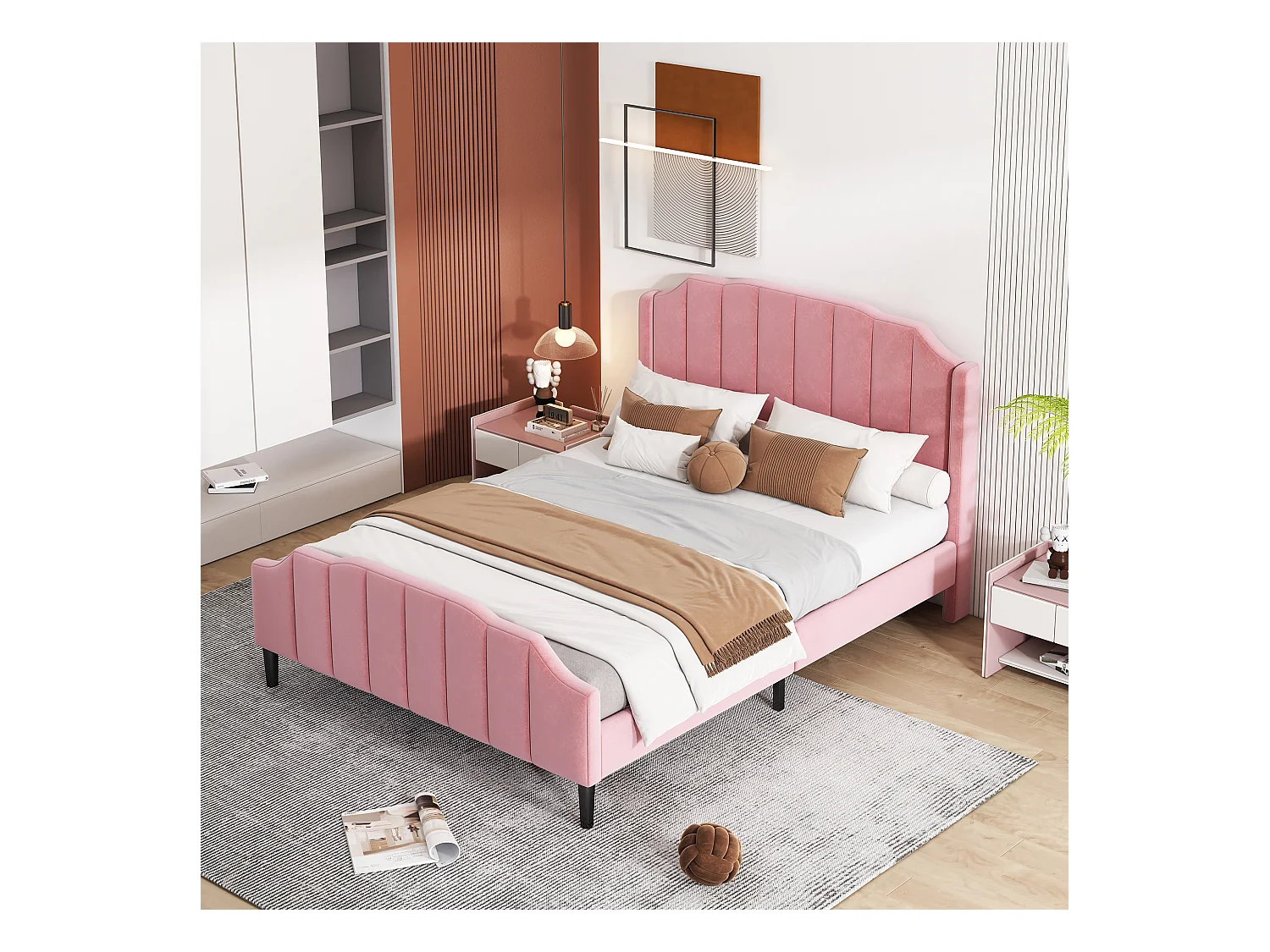 Lit rembourré 140 x 200 cm avec tête de lit, pied de lit et sommier en bois, rose en velours