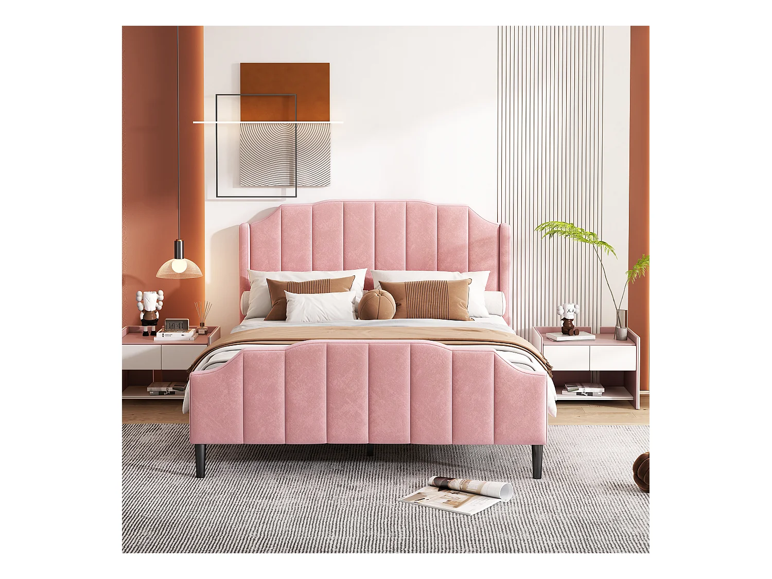 Lit rembourré 140 x 200 cm avec tête de lit, pied de lit et sommier en bois, rose en velours