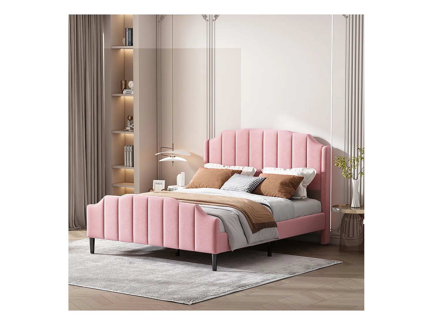 Lit rembourré 140 x 200 cm avec tête de lit, pied de lit et sommier en bois, rose en velours