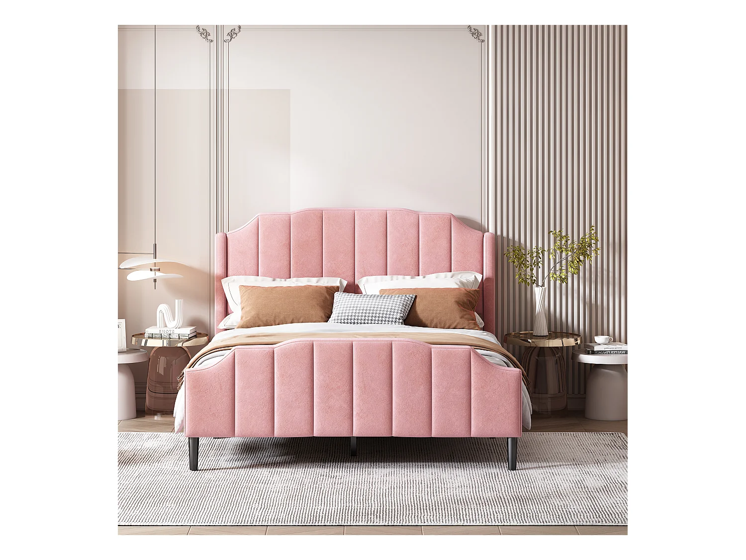 Lit rembourré 140 x 200 cm avec tête de lit, pied de lit et sommier en bois, rose en velours