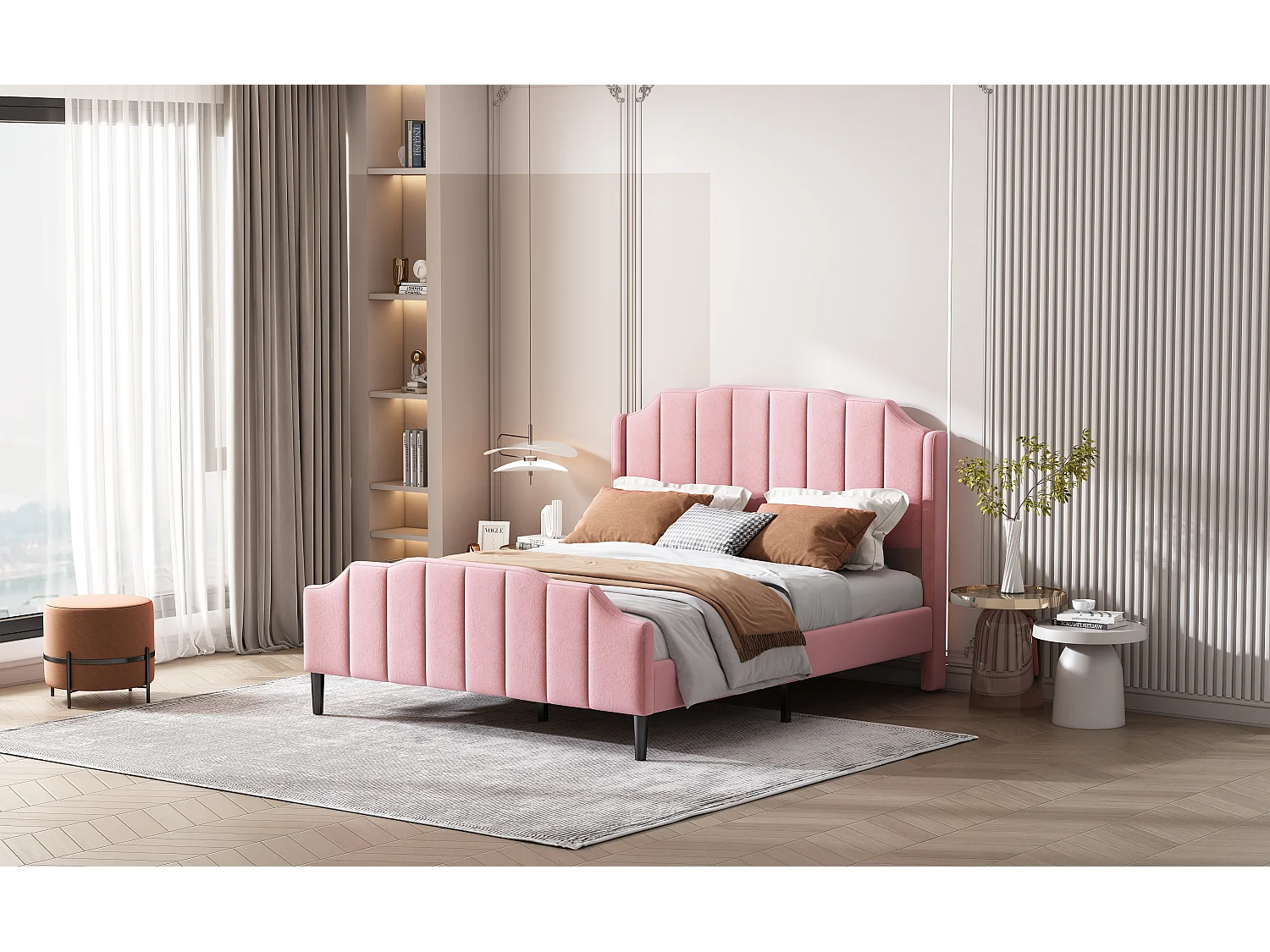 Lit rembourré 140 x 200 cm avec tête de lit, pied de lit et sommier en bois, rose en velours