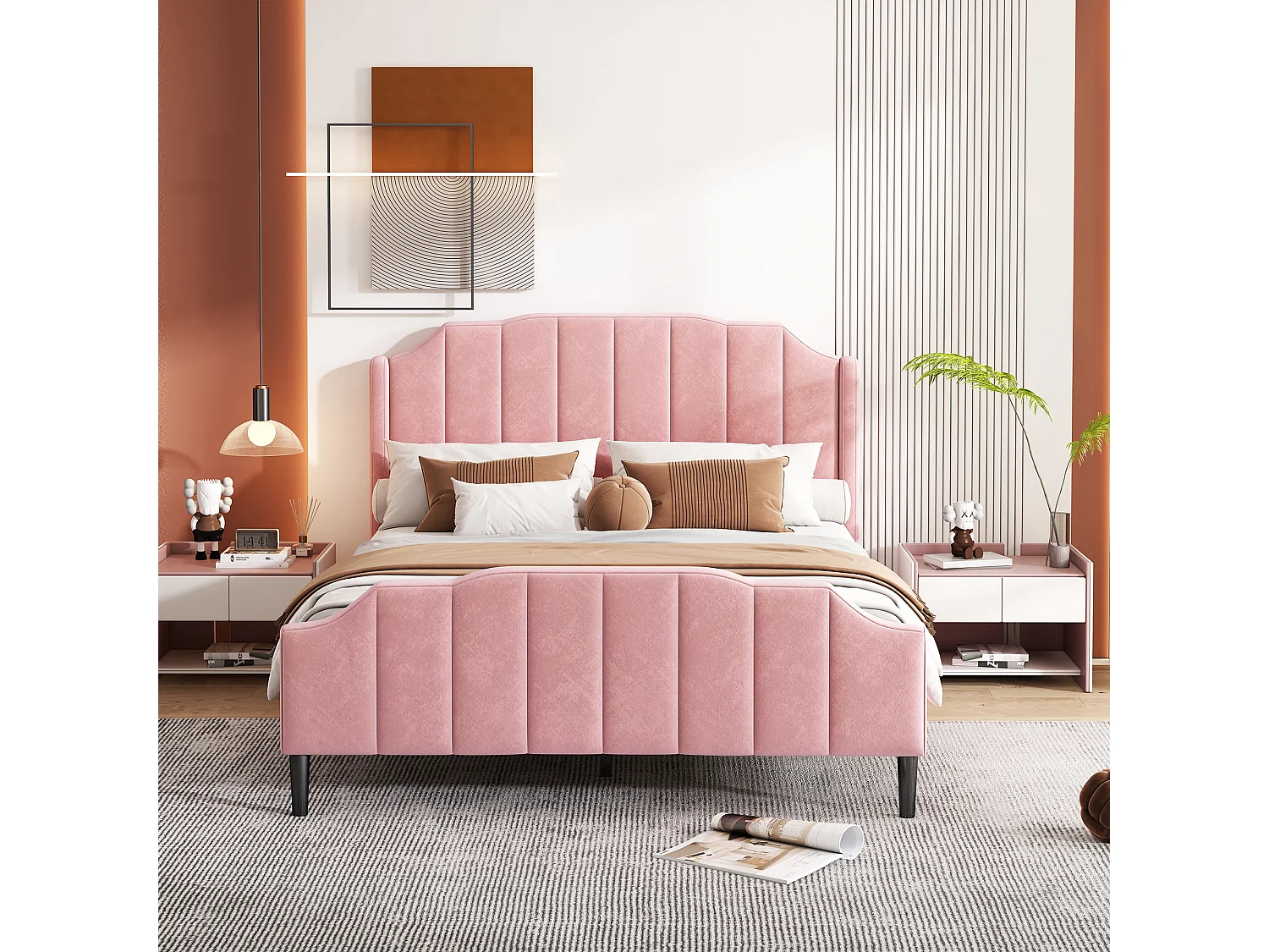 Lit rembourré 140 x 200 cm avec tête de lit, pied de lit et sommier en bois, rose en velours