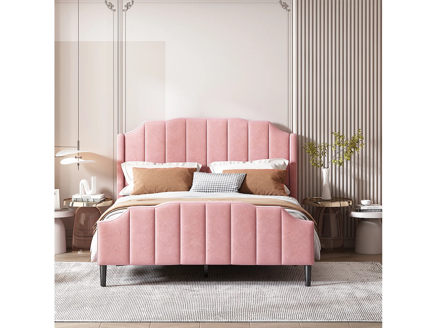 Lit rembourré 140 x 200 cm avec tête de lit, pied de lit et sommier en bois, rose en velours