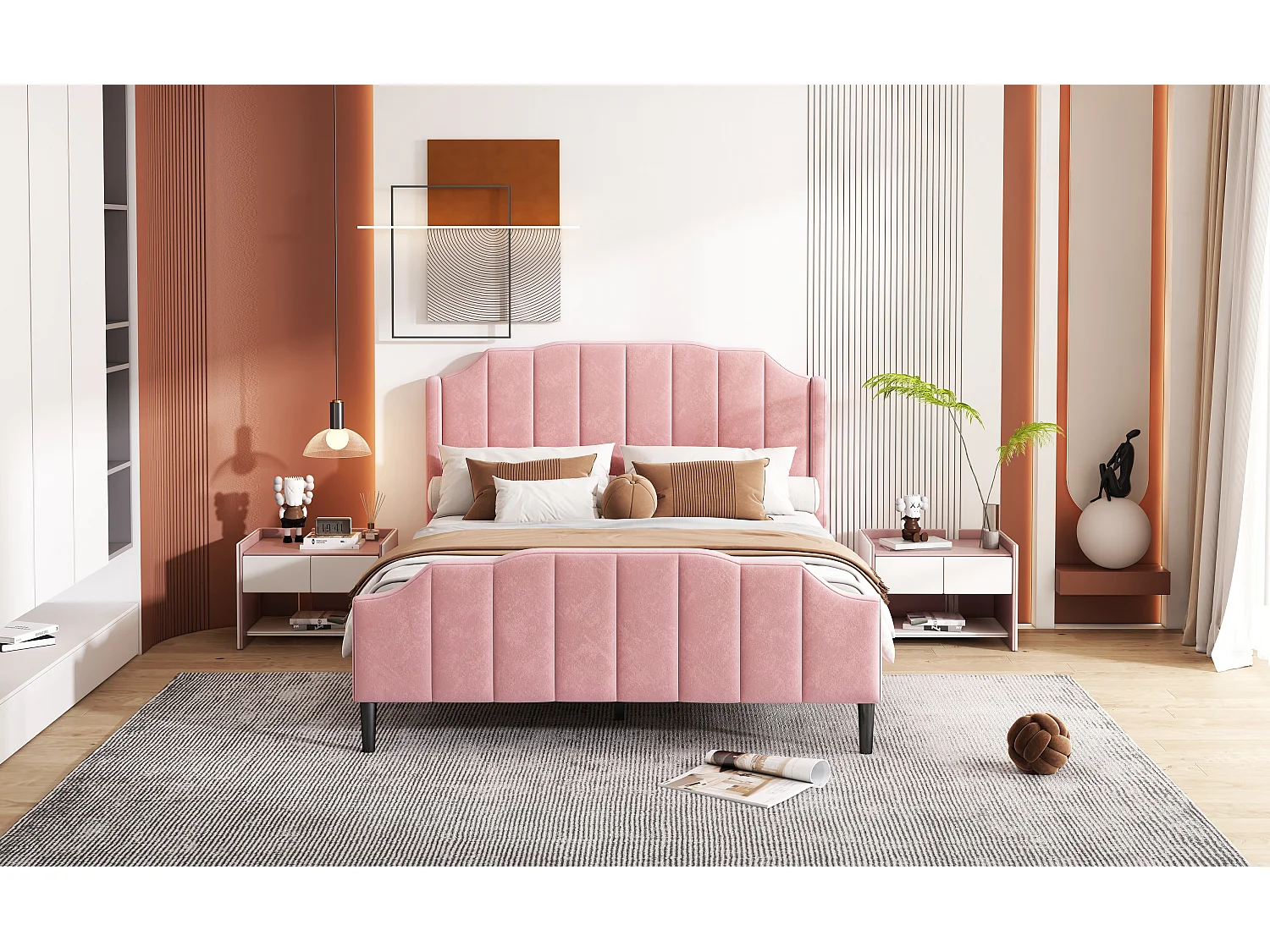 Lit rembourré 140 x 200 cm avec tête de lit, pied de lit et sommier en bois, rose en velours