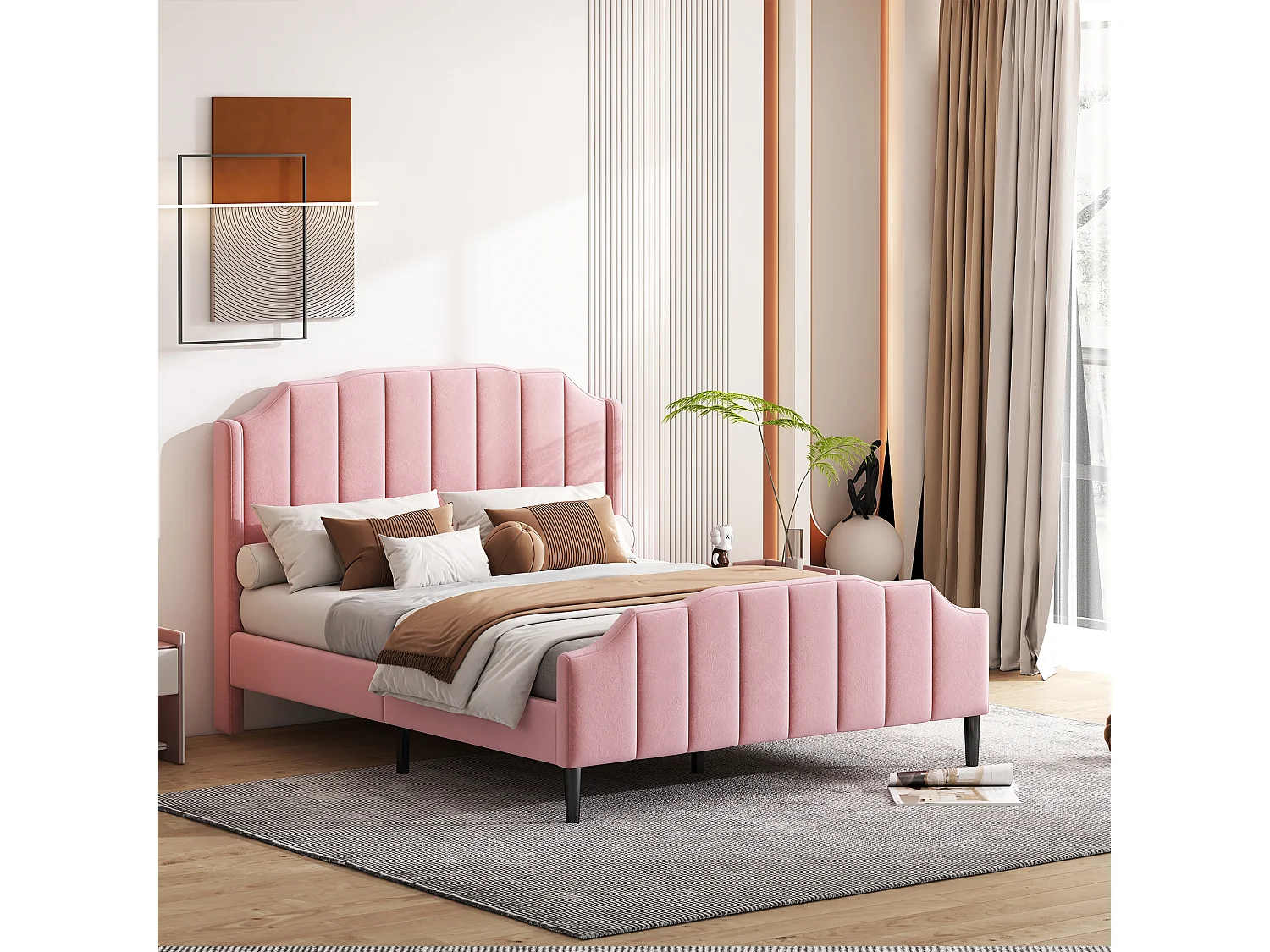 Lit rembourré 140 x 200 cm avec tête de lit, pied de lit et sommier en bois, rose en velours