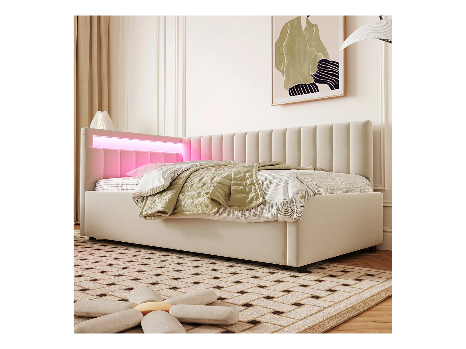 Lit/sommiers 90x200 cm en velours beige avec éclairage LED et rangement hydraulique