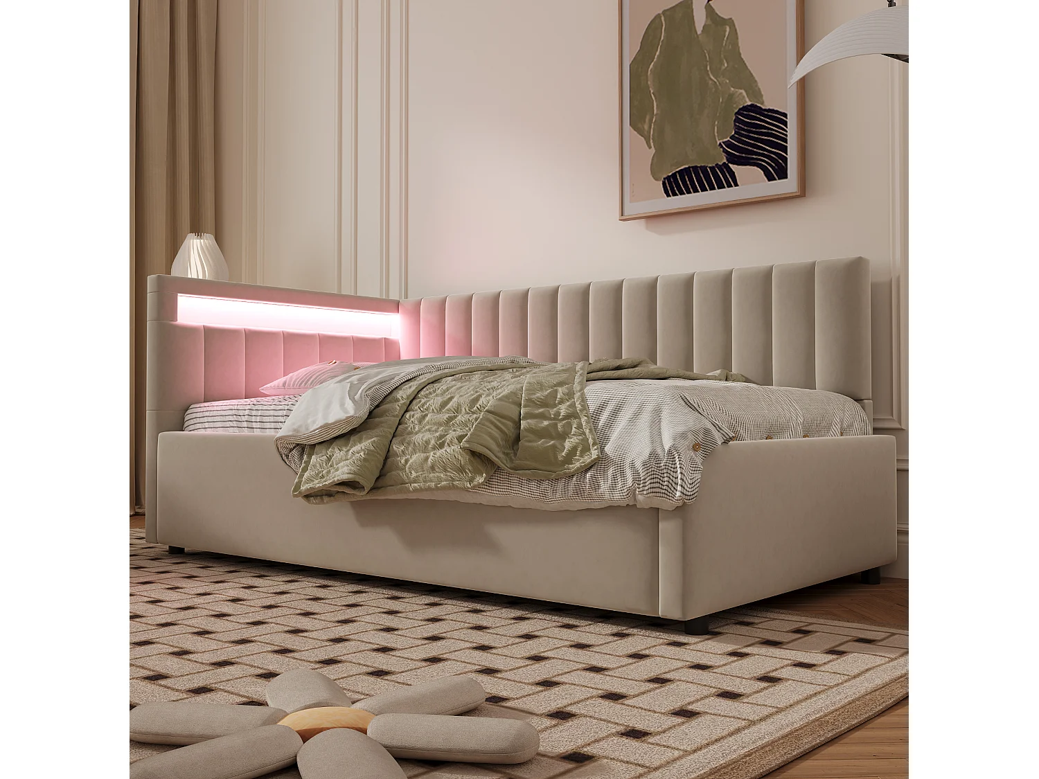 Lit/sommiers 90x200 cm en velours beige avec éclairage LED et rangement hydraulique