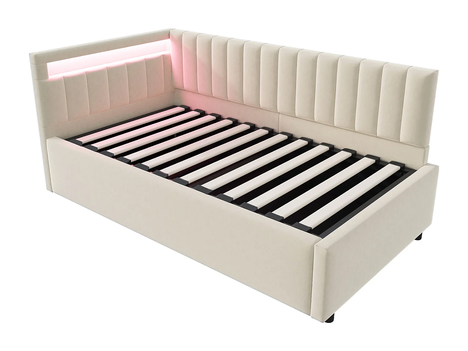 Lit/sommiers 90x200 cm en velours beige avec éclairage LED et rangement hydraulique