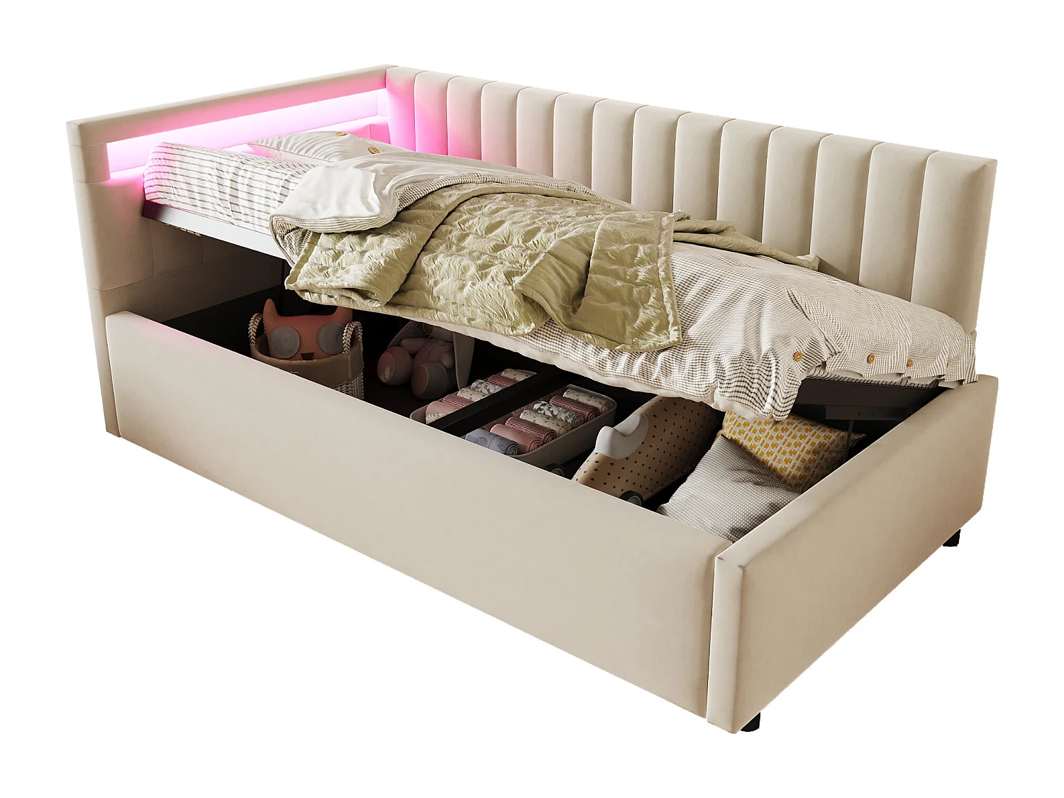 Lit/sommiers 90x200 cm en velours beige avec éclairage LED et rangement hydraulique