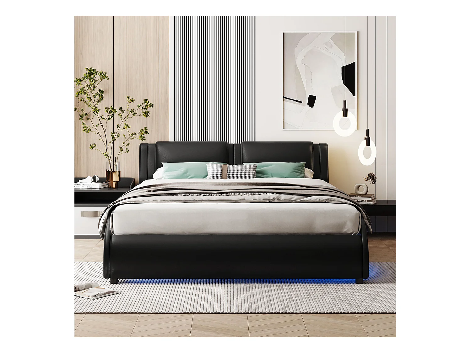 Lit rembourré 140x200 cm en simili cuir, LED intégrées, sommier inclus, cadre solide, couleur noir