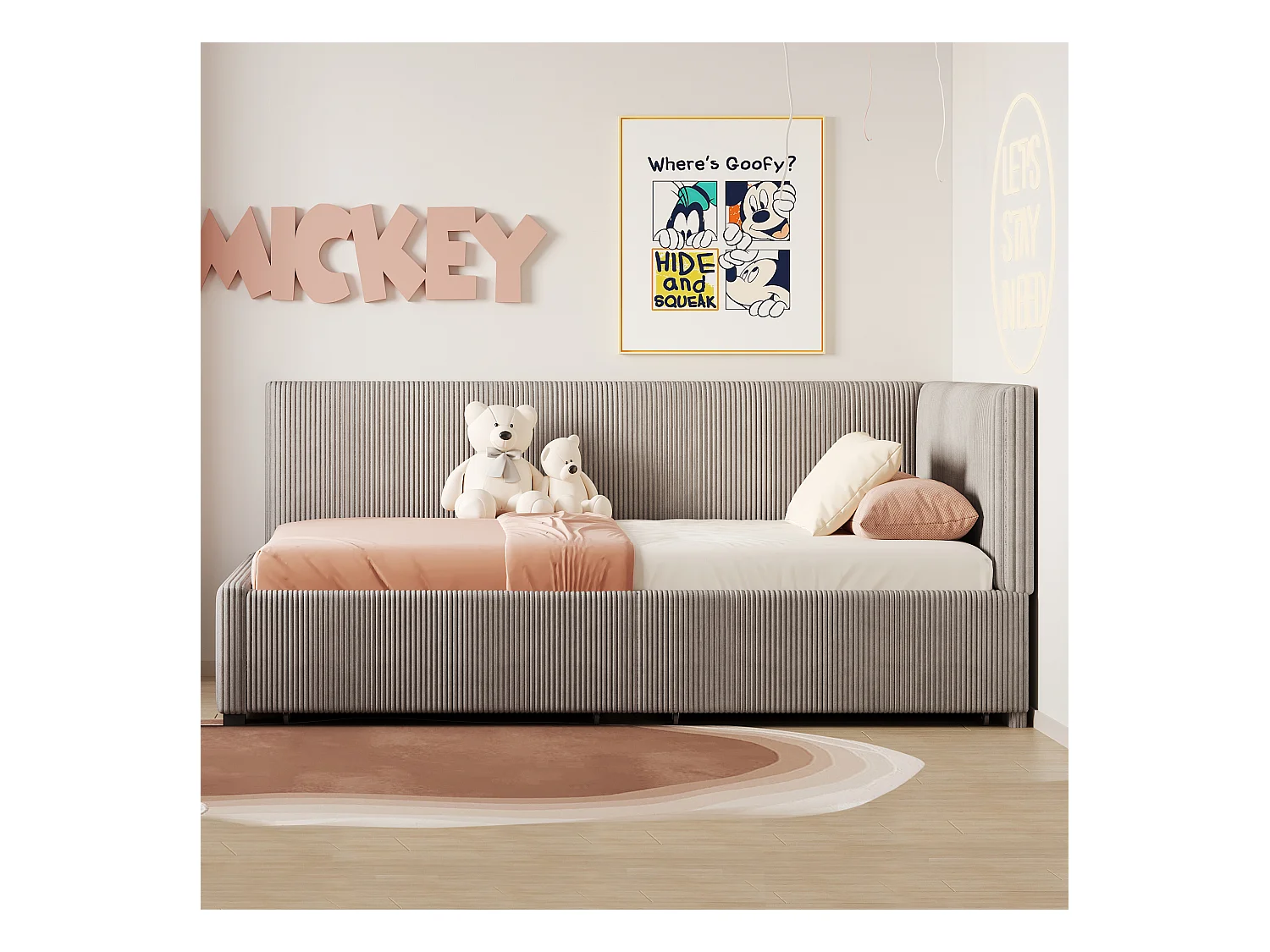 Lit convertible 90×200 cm en velours gris avec 2 tiroirs de rangement et sommier à lattes