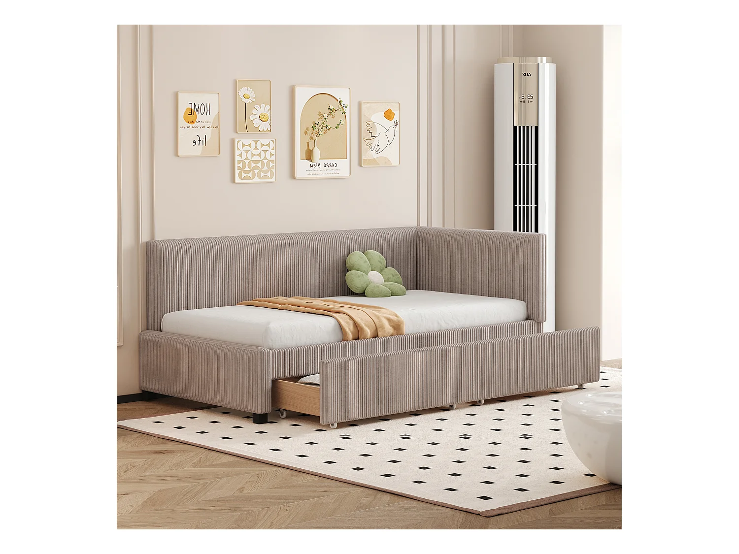 Lit convertible 90×200 cm en velours gris avec 2 tiroirs de rangement et sommier à lattes