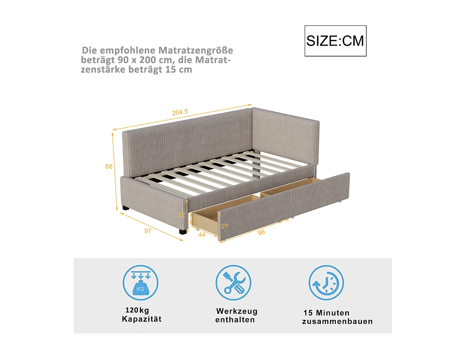 Lit convertible 90×200 cm en velours gris avec 2 tiroirs de rangement et sommier à lattes