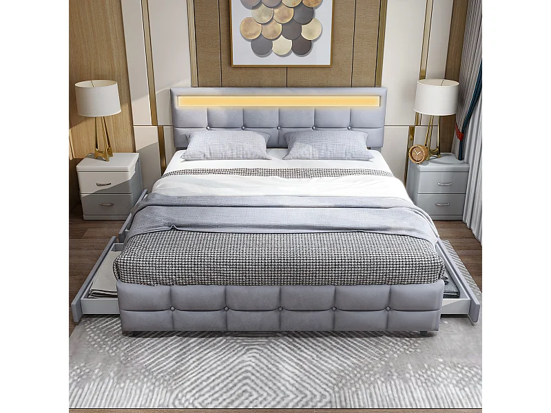 Lit rembourré 180x200 cm LED avec 4 tiroirs, sommier inclus, velours gris, rangement fonctionnel
