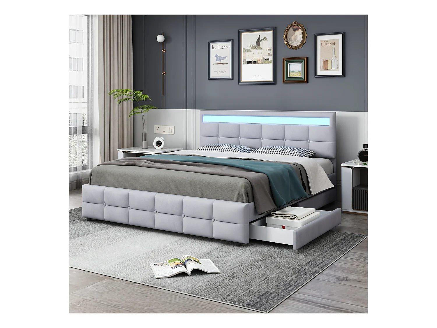 Lit rembourré 180x200 cm LED avec 4 tiroirs, sommier inclus, velours gris, rangement fonctionnel