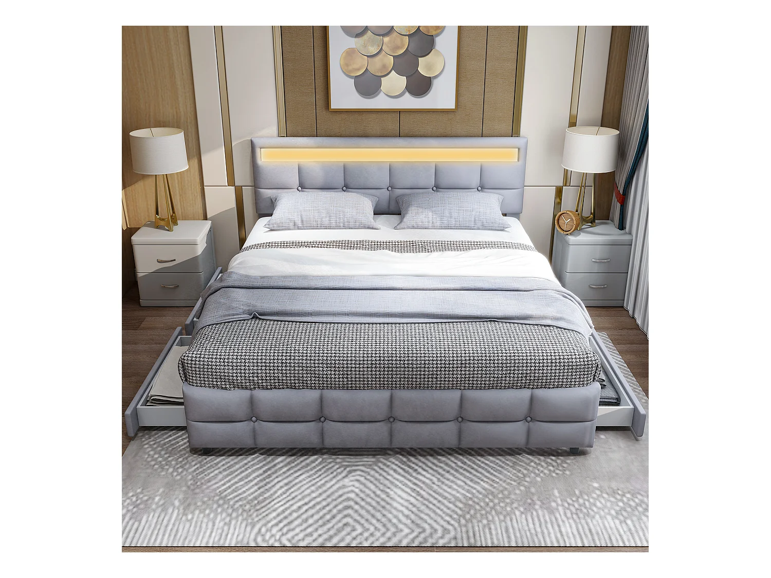 Lit rembourré 180x200 cm LED avec 4 tiroirs, sommier inclus, velours gris, rangement fonctionnel