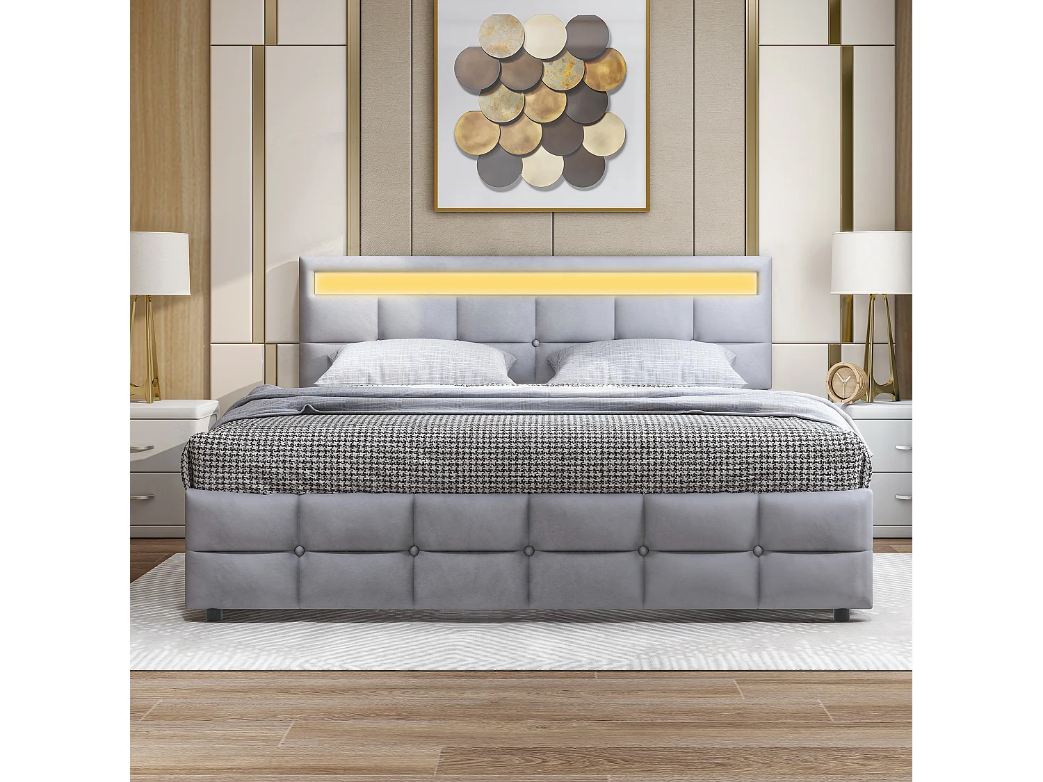 Lit rembourré 180x200 cm LED avec 4 tiroirs, sommier inclus, velours gris, rangement fonctionnel