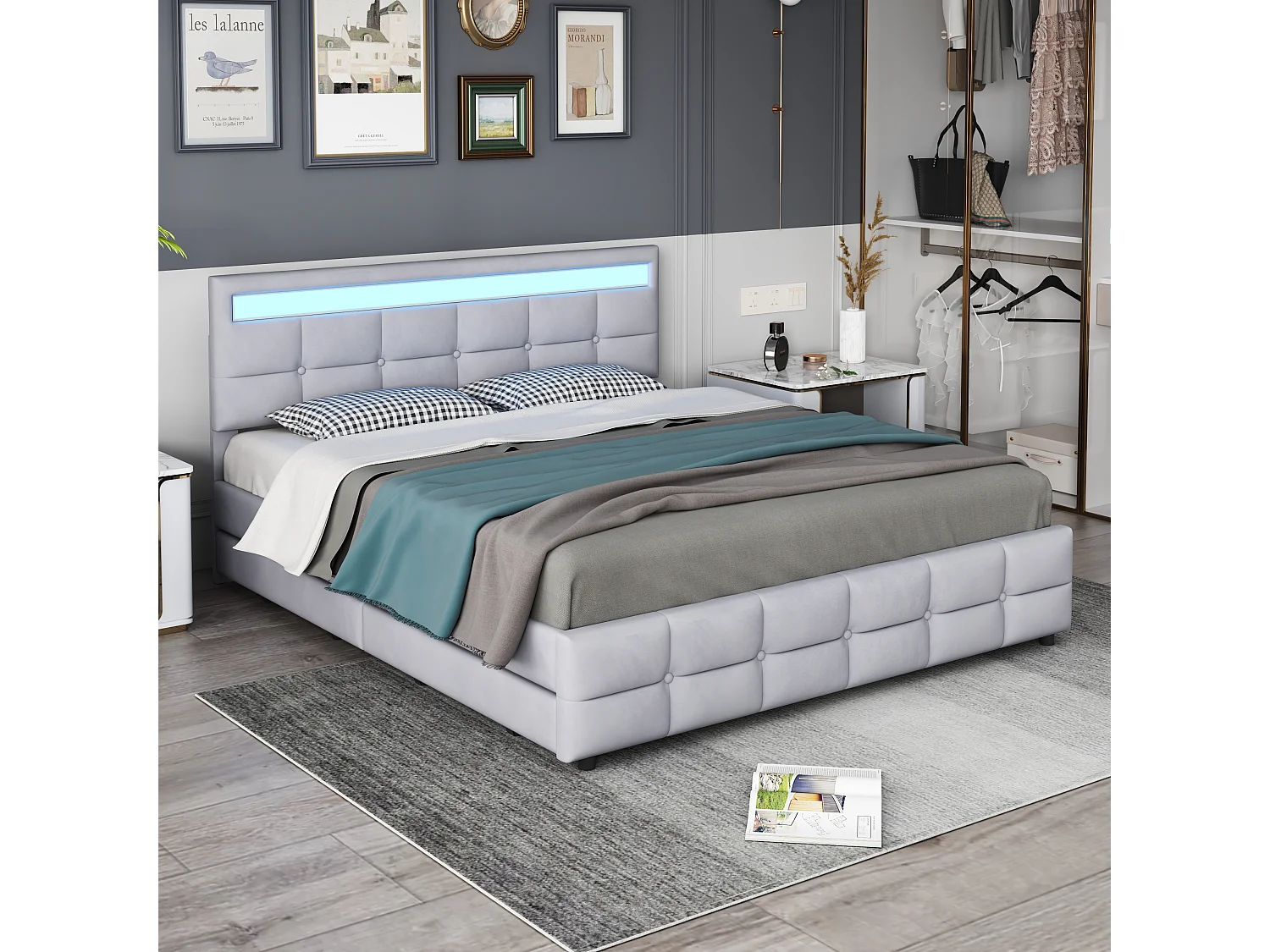 Lit rembourré 180x200 cm LED avec 4 tiroirs, sommier inclus, velours gris, rangement fonctionnel