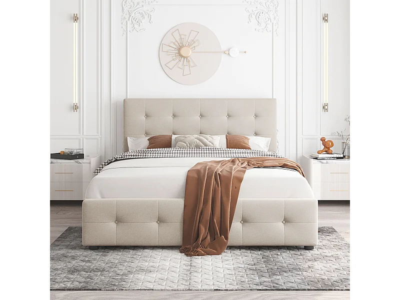 Lit rembourré 140x200 cm avec tiroirs, sommier, tête rembourrée, velours beige, adulte et adolescent