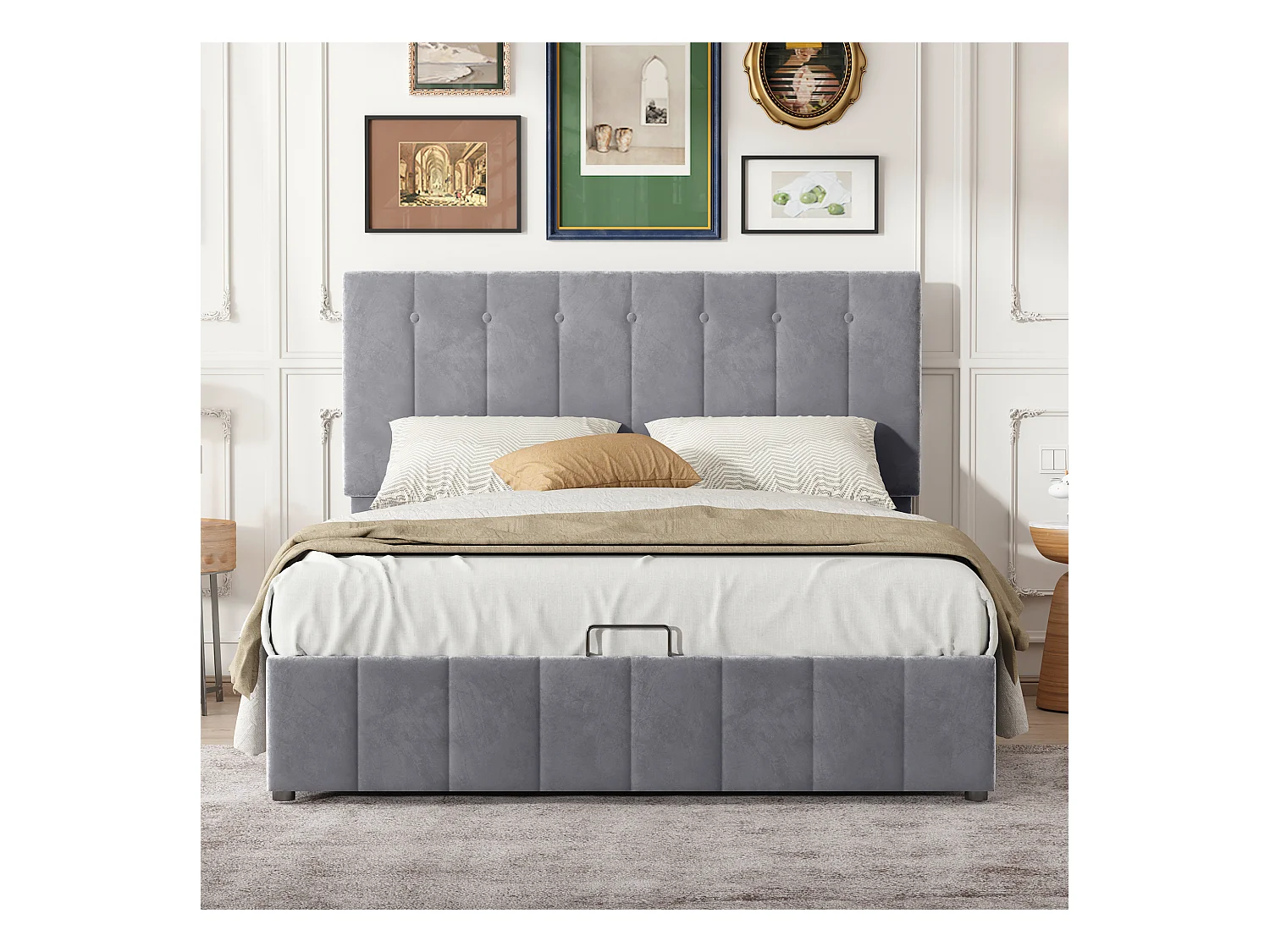 Lit rembourré 140x200 cm avec rangement hydraulique, tête réglable, sommier métal, velours gris, adulte et junior