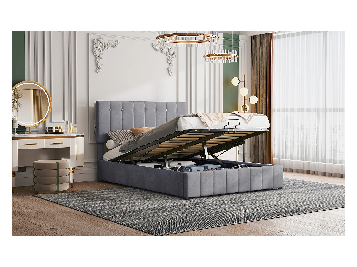 Lit rembourré 140x200 cm avec rangement hydraulique, tête réglable, sommier métal, velours gris, adulte et junior