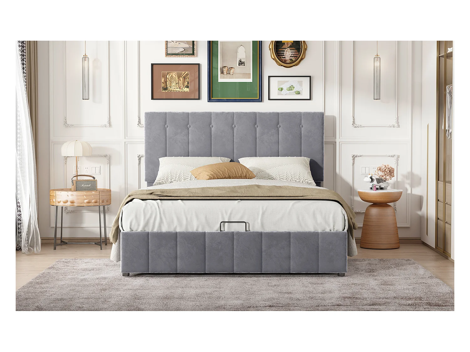 Lit rembourré 140x200 cm avec rangement hydraulique, tête réglable, sommier métal, velours gris, adulte et junior