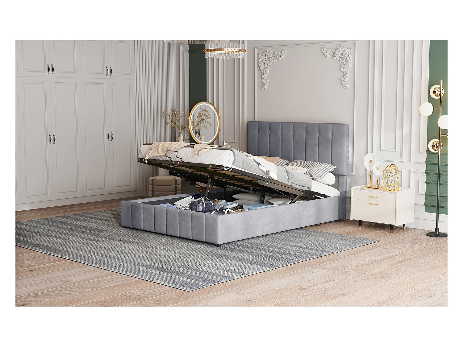 Lit rembourré 140x200 cm avec rangement hydraulique, tête réglable, sommier métal, velours gris, adulte et junior