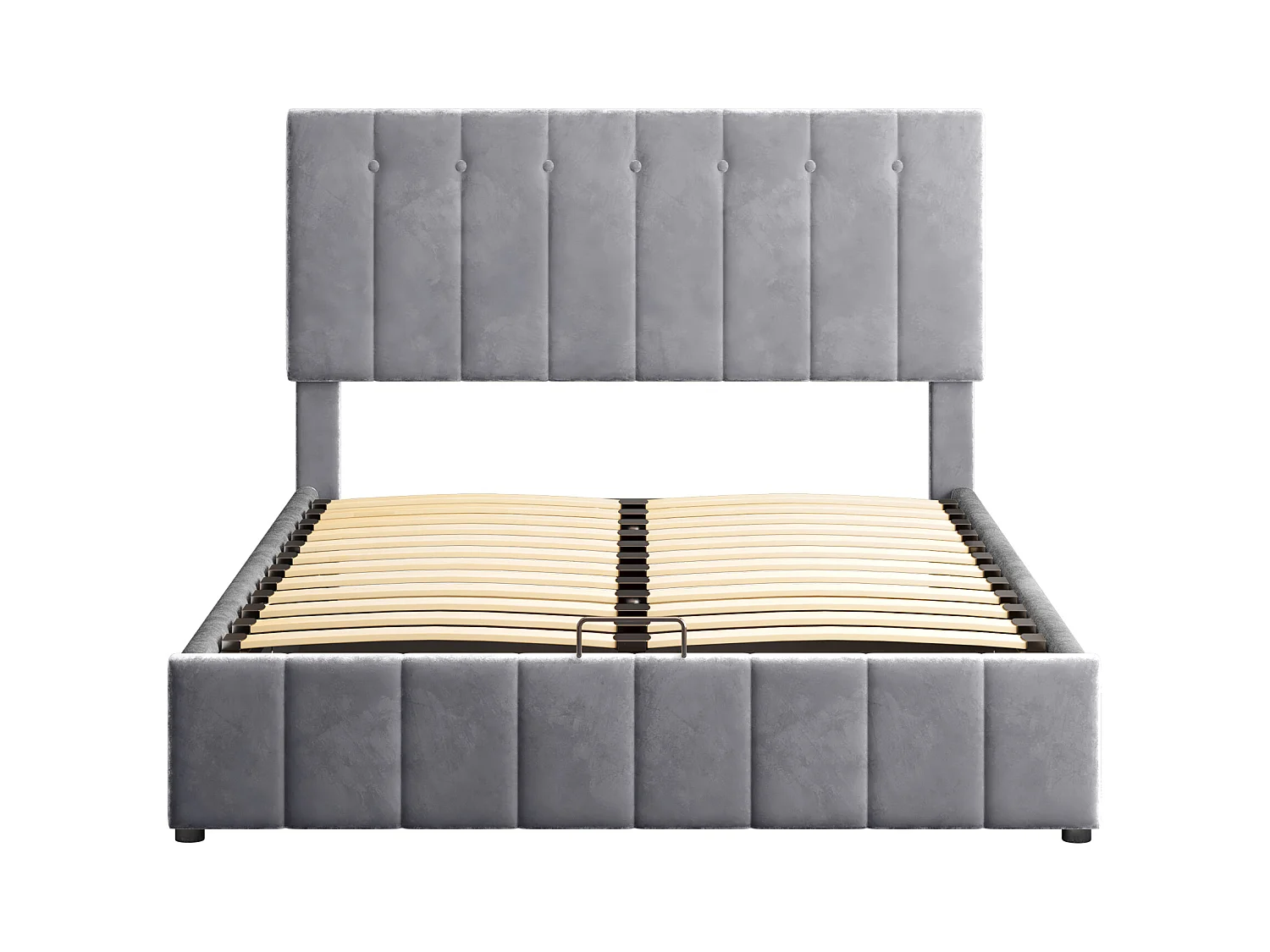 Lit rembourré 140x200 cm avec rangement hydraulique, tête réglable, sommier métal, velours gris, adulte et junior